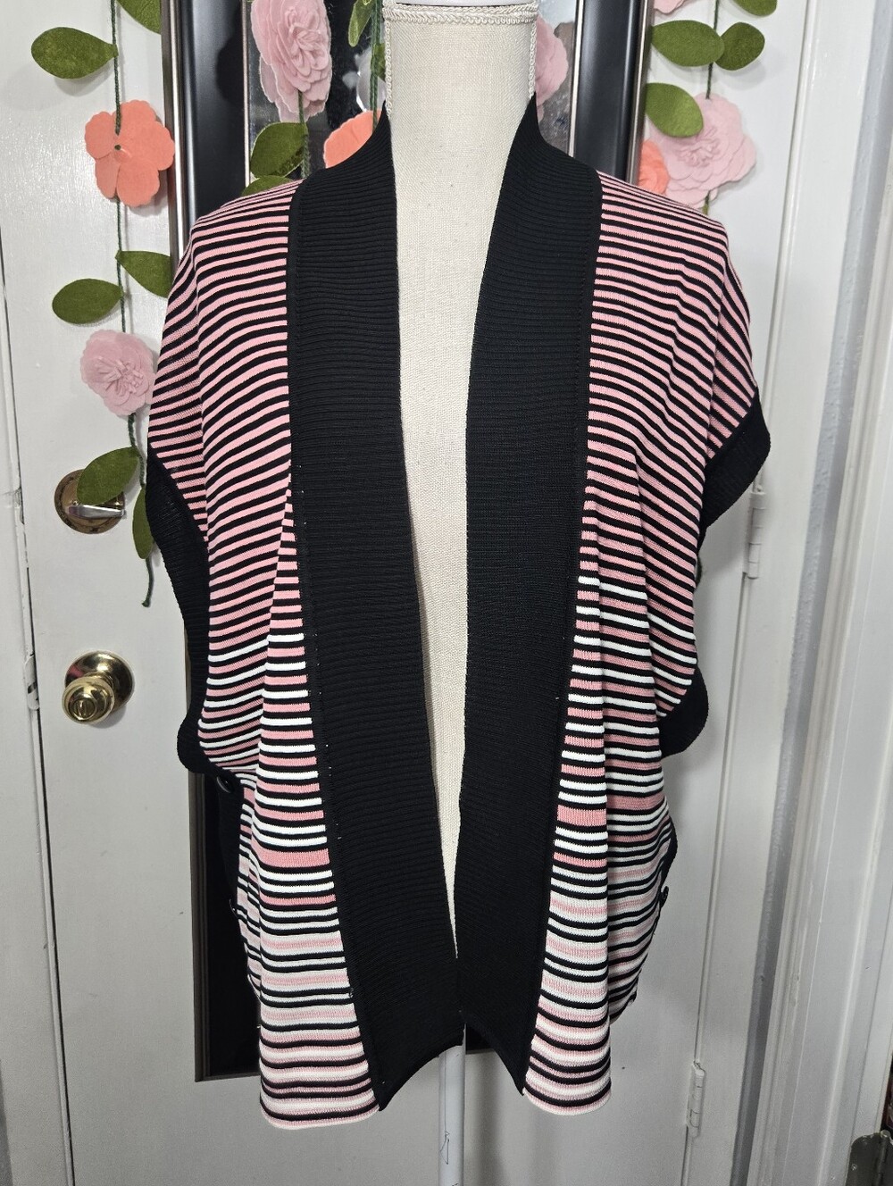 Ming Wang Striped Open Cardigan Side Button Detail Sz Large Like New